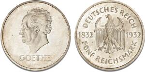 5 Reichsmark 1932 A Centenary of the Death of Goethe, KM 77, edge nick and a few small spots - struck as proof