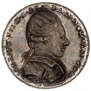Krone 1771, H 23, S 7, slået i anledning af kongens fødselsdag, blåpatineret kabineteksemplar i medaillepræg