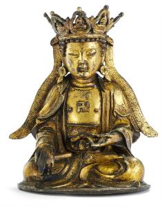Lille Ming medicin Buddha af bronce med forgyldning, siddende med svastika på brystet. Kina, 16.-17. årh. H. 15.
