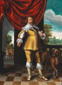 Karel van Mander III, skole, 17. årh. Adelsmand stående i en park med sin hund, en broholmer. Antagelig Friedrich III af Schleswig-Holstein-Gottorp.