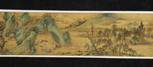 Tai Heng, efter Kinesisk handscroll, bjergrigt landskab med figurer, samt tekst. Sen Qing eller republik, 20. årh. Billede ca. 42 x 737 cm.