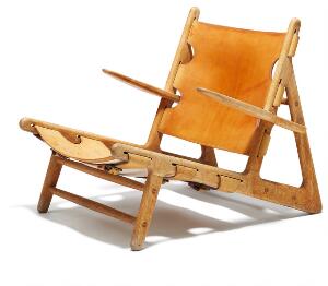 Børge Mogensen Jagtstolen. Hvilestol med stel af massiv eg. Sæde og ryg udspændt med med patineret kernelæder. Prototype.