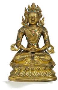 Amitayus Buddha af forgyldt bronze. Qing. 18.-19. årh. H. 17 cm.