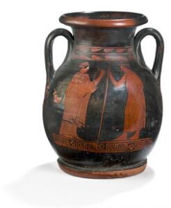 Pelike, rødfigursvase af brændt ler, dekoreret på sider med henholdsvis offerscene og ung mand med kvinde. Athen, 5. årh. f.Kr. H. 21,5 cm.