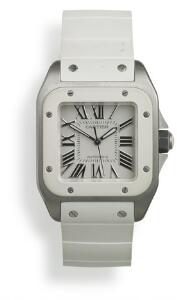 Cartier Damarmbåndsur af børstet stål og hvid gummi. Model Santos 100. Automatisk værk. 2000erne.