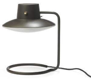 Arne Jacobsen Oxford. Bordlampe med stel af grålakeret metal, ilagt skærm af opalglas. Udført 1962 hos Louis Poulsen.