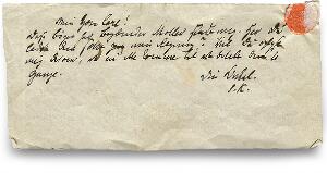 Important autograph note by Søren Kierkegaard Autograph note by Søren Kierkegaard to his nephew Carl Lund. Signed S.K.