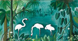Hans Scherfig Tre flamingoer i junglen. Sign. Scherfig 1959. Tempara på masonit. 32 x 62.