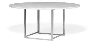 Poul Kjærholm PK-54. Cirkulært spisebord med kubeformet stel af matforkromet stål, plade af lys broget marmor.