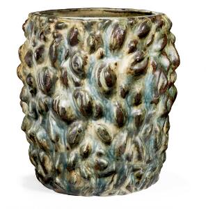 Axel Salto Vase af stentøj modelleret i spirende stil. Dekoreret med sungglasur med blå elementer. H. 29,5.