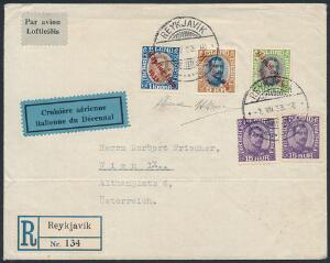 1933. Hópflug Ítala 1933. 1-10 kr. Komplet sæt samt 2 stk. 15 aur, Chr. X, violet, på anbefalet brev sendt til ØSTRIG. Sjælden destination. Attest Diena.