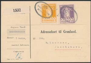 1930. 70 øre, violet og 1 kr. orange. Thiele. Smukt adressekort til Jakobshavn, annulleret med 2 smukke stempler GRØNLANDS STYRELSE i sort farve.