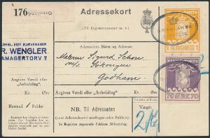 1930. 70 øre, violet og 1 kr. orange, Thiele. Brugt på DANSK ADRESSEKORT for en pakke fra København til Godhavn,