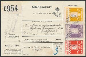 1936-37. 70 øre, violet og 1 kr. orange, A  L samt 20 øre, Schultz, rød. I alt 1,80 kr. frankering, brugt på DANSK ADRESSEKORT