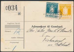 1936. 1 kr. orange, AL samt 10 øre, blå. Adressekort til Godthaab, annulleret med stålstempler GRØNLANDS STYRELSE 22.VII.37.