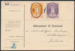 1930. 10 øre, violet og 1 kr. orange. Thiele. Pragtfuldt adressekort til Sukkertoppen, annulleret med 2 perfekte stempler GRØNLANDS STYRELSE i violet. Attest