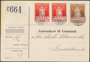 1930. 3 kr. brun med variant DOBBELTLINIE og par 20 øre, rød. Adressekort til Godthaab, annulleret med retvendte stålstempler GRØNLANDS STYRELSE 24.VII.37.