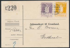 1936. 70 øre, violet og 1 kr. orange, AL. Adressekort til Godthaab, annulleret med stålstempler GRØNLANDS STYRELSE 24.VII.37.