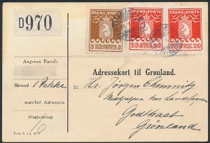 1930. 3 kr. brun og par 20 øre, rød. Adressekort til Godthaab, annulleret med stålstempler GRØNLANDS STYRELSE 29.X.37. Sjælden forsendelse.