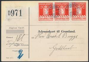 1937. Schultz. 20 øre, rød. 3 stk. på adressekort til Godthaab, annulleret med stålstempler GRØNLANDS STYRELSE 23.X.37. Sjælden forsendelse. Attest Møller.