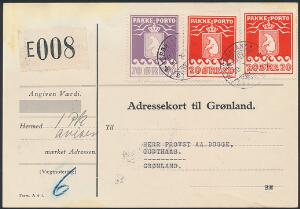 1936. 70 øre, AL, RØDVIOLET, 2 stk. 20 øre, Schultz, rød og 10 øre, 1915-udgave, grønblå på bagsiden. Sjælden frankering