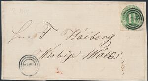 1864. 1 14 sch. green. Coverfront with 3-ring canc. REISB Reisby sent to Wisbye Mølle. On the backside dated 24.Juli 1864. Very rare postmark