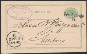 FRA SVERIGE M. Skibsstempel med variant OMVENDT M på brevkort fra Sverige til Aarhus 15.4.1885. Dette sjældne stempel er nævnt men ikke prissat i DAKA