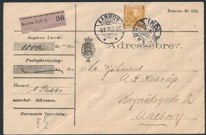 1905. Chr. IX, 100 øre gulbrun. Single på adressebrev for pakke fra Aarhus 9.8.14 til Aalborg. Annulleret med stjernestempel AARHUS INDL.III