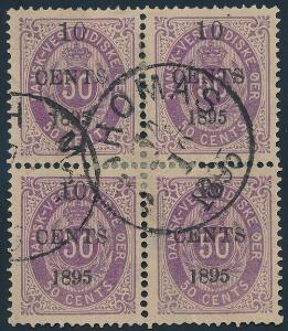 1895. 1050 cents, violet. Stemplet 4-blok. Annulleret ST. THOMAS 14.12.1895. Meget sjælden blok