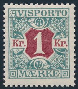 1914. 1 kr. blågrønrød. Smukt postfriskt mærke. AFA 4600. Attest Nielsen