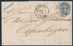 1866. 2 Sch. ultramarin. A beautiful letter from Altona to Copenhagen, with beautiful cancelltions ALTONA 115 67. Signed Carl Lange.
