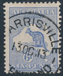 Australia. 1913. Kangaroo. 6 d. blue. First watermark. Die II. Variety RETOUCHED E. Very fine used ARRISVILLE 13 OC 13. SG £ 850