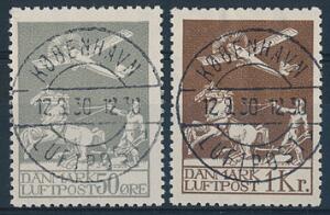 1925-1929. Gl. Luftpost. Komplet sæt med retvendt stempler. 50 øre og 1 kr. med attest Nielsen PRAGTEKSEMPLARER.