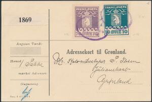 1915-1930. 10 øre, blå og 70 øre, violet. Smukt adressekort til Julianehaab, frankeret med 80 øre. Annulleret med ovalt violet stempel GRØNLANDS STYRELSE.