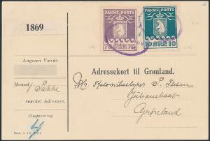 1915-1930. 10 øre, blå og 70 øre, violet. Smukt adressekort til Julianehaab, frankeret med 80 øre. Annulleret med ovalt violet stempel GRØNLANDS STYRELSE.