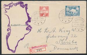 1946. Chr. X, 20 øre, rød og Isbjørn, 40 øre, blå. FDC fra Julianehaab 1.8.46. Meget sjælden. AFA 7000