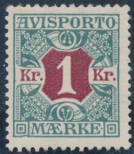 1914. 1 kr. blågrønrødbrun. Variant Stor bule i S-ramme. Flot postfriskt mærke. AFA 4600