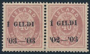 1902. Sort Í GILDI, 40 aur, violet, tk.14. Parstykke med variant 03-03. Facit 4500. Attest Nielsen