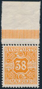 1914. 38 øre, orange, Vm.IV. Flot postfrisk mærke med øvre marginal. AFA 25000. Attest Nielsen