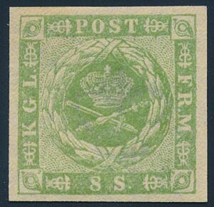 1854. 8 sk. grøn. Bredrandet postfrisk mærke, LUXUS-kvalitet. AFA 7000. Attest Møller BPP Extraordinary fine stamp in SUPERB condition, A rare stamp in this