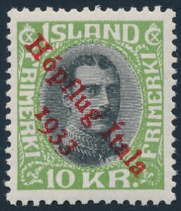 1933. Hópflug Ítala, 10 kr. grønsort. Nydeligt lethængslet eksemplar. Facit 11.000. Attest Nielsen