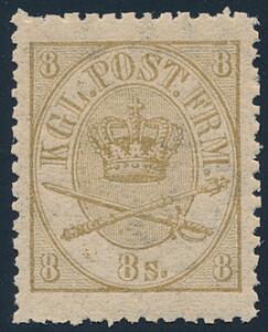 1864. 8 sk. 1870 linietakket 12 12. Perfekt postfrisk mærke. AFA 12000. Attest Nielsen kopi og Møller.