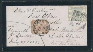1883. Victoria. 6 d. green. A beautiful small mourning cover to SOUTH AFRICA. MIX-FRANKING with NATAL 1 d. Victoria, brown, cancelled NEW CASTLE NATAL 22.6.85.