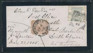 1883. Victoria. 6 d. green. A beautiful small mourning cover to SOUTH AFRICA. MIX-FRANKING with NATAL 1 d. Victoria, brown, cancelled NEW CASTLE NATAL 22.6.85.