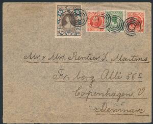 1908. Julemærke. Chr. IX, 5 bit, grøn og 2 stk. Fr. VIII, 10 bit, rød. Flot brev sendt fra St. Croix og annulleret på St. Thomas med stumme 4-ringstempler.