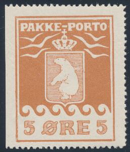 1905. 5 øre, brun. UTAKKET I VENSTRE SIDE. Smukt postfrisk mærke. AFA 12000