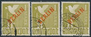 1949. BERLIN Red Overprint. 26 copies of 1 Mk. olive-green and 31 copies og 2 Mk. violet-brown including pairs. Michel EURO 24900