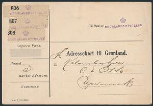 1910-20 ca. Tjeneste Adressekort for 3 pakker sendt til Uppernarvik, med violet liniestempel med krone GRØNLANDS STYRELSE samt 3 FORSKELLIGE labels 806, 80