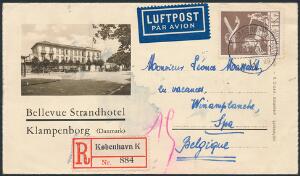 1929. Gl. Luftpost 1 kr. brun. Variant BRUD PÅ HØJRE VINGE. Single på anbefalet Luftpostbrev, brugt på FIRMAKUVERT, fra Bellevue Strandhotel, til BELGIEN.