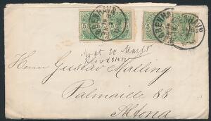 1882. 5 øre, grøn. Små tal. 4 stk. 2 parstykker, et mærke med afrundet hjørne, på brev til ALTONA, annulleret KJØBENHAVN 19.3.1884. Sjælden forsendelse.